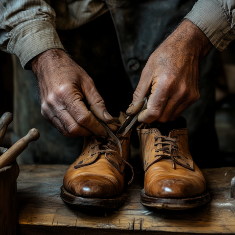 Craftsman Repairing Leather Shoes by Hand