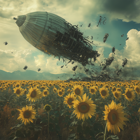 Crashed Airship Over Sunflower Field