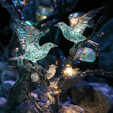 Crystal Birds Perched on Glowing Tree