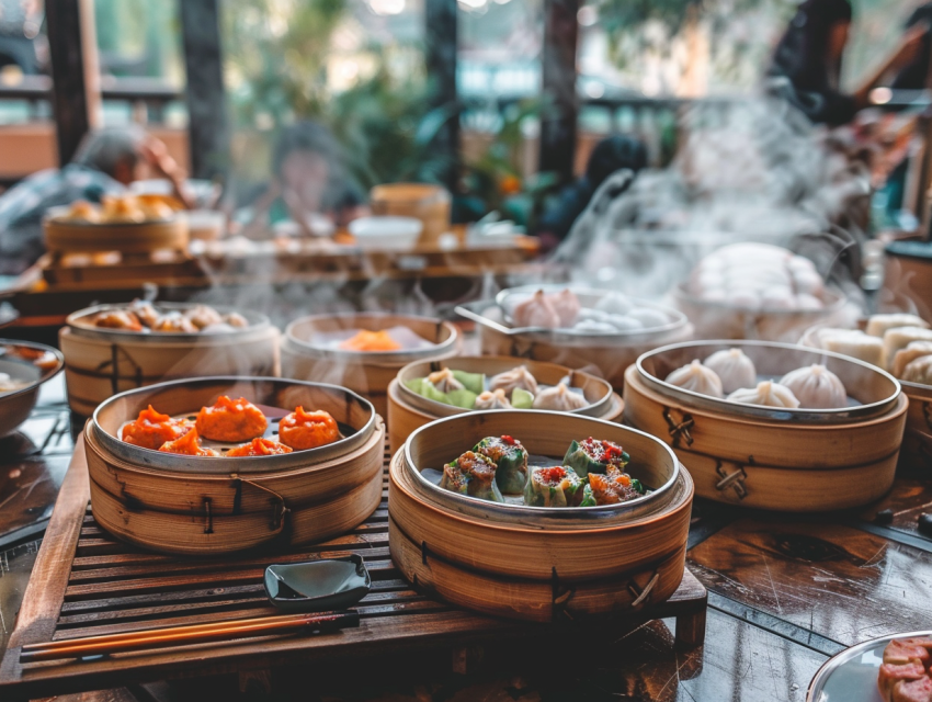 variety of steaming dim sum dishes