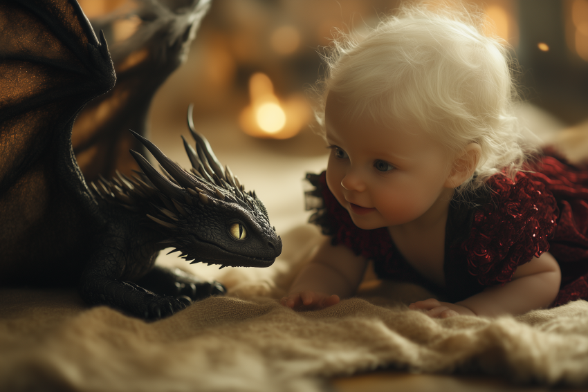 Curious Baby Engages with Baby Dragon
