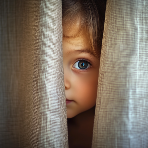 Curious Child Peeking Through Curtain