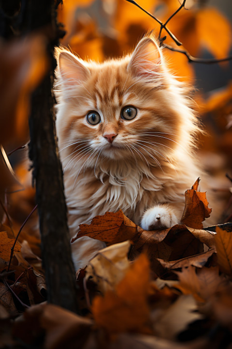 Curious kitten stares at autumn leaves