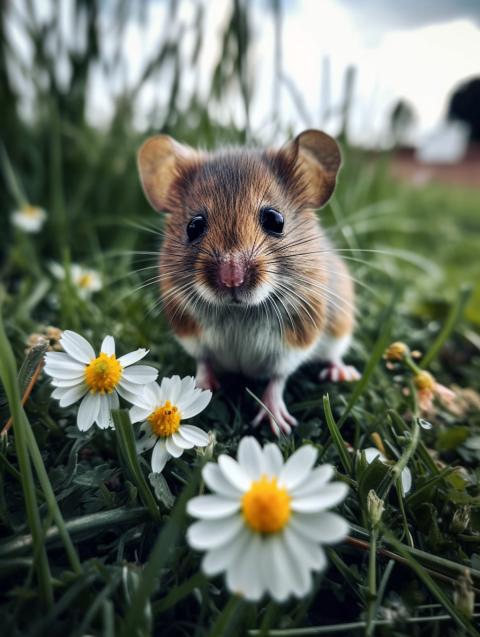 Cute Field Mouse Among Flowers