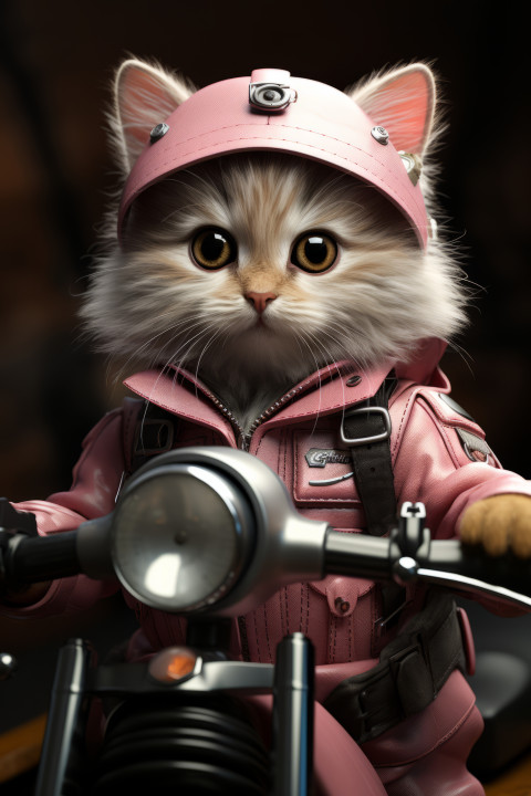 Cute little cat riding a cute pink moped