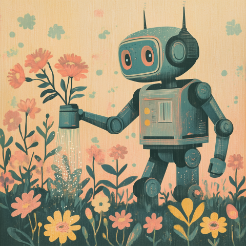 Cute Robot Watering Flowers in Garden