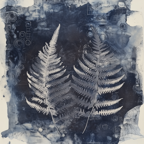 Cyanotype Print of Fern Leaves on Abstract Background