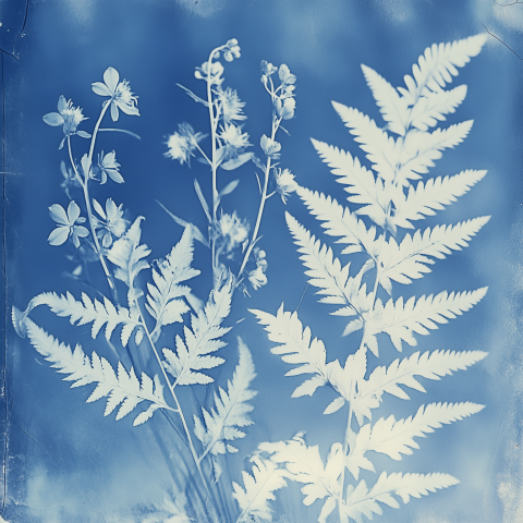 Cyanotype Print of Ferns and Wildflowers