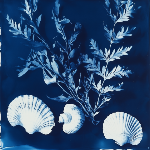 Cyanotype Print of Seashells and Leaves