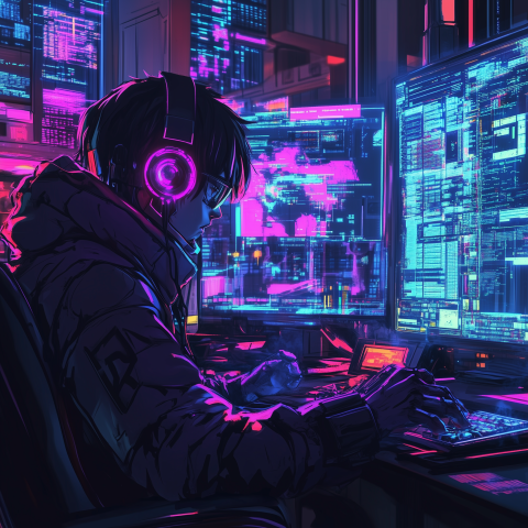 Cyber Hacker at Neon-Lit Workstation
