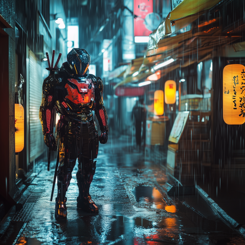 Cyber Samurai Standing in Neon Alleyway