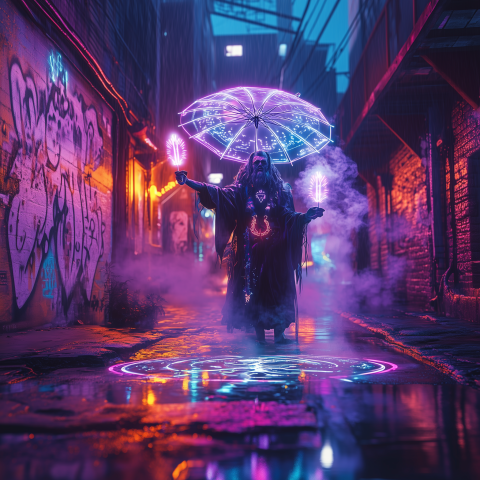 Cyber Wizard Casting Spells in Alley