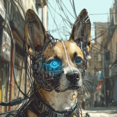 Cybernetic Dog in Futuristic Urban Setting