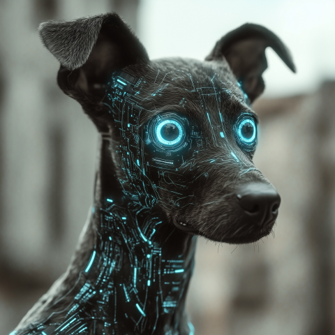 Cybernetic Dog with Glowing Blue Eyes