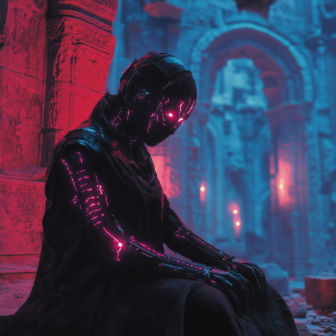 Cybernetic Monk in Neon Ruins