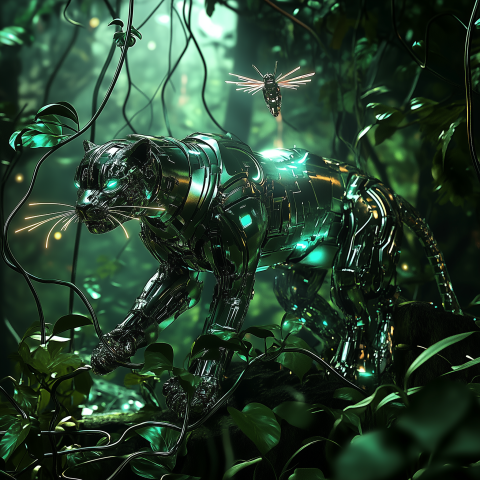 Cybernetic Panther Stalking Through Jungle