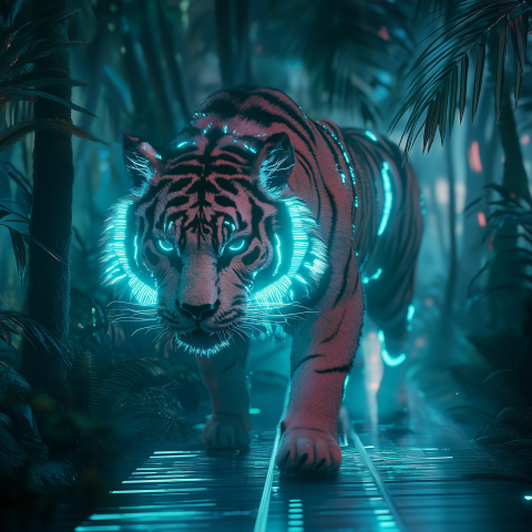 Cybernetic Tiger in Futuristic Jungle