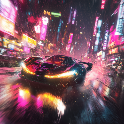 Cyberpunk Car Racing in Neon City Rain