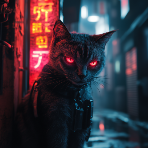 Cyberpunk Cat with Glowing Red Eyes
