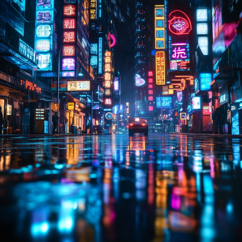 Cyberpunk City Street with Neon Signs