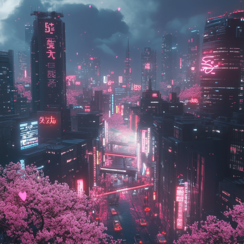 Cyberpunk City With Neon and Cherry Blossoms