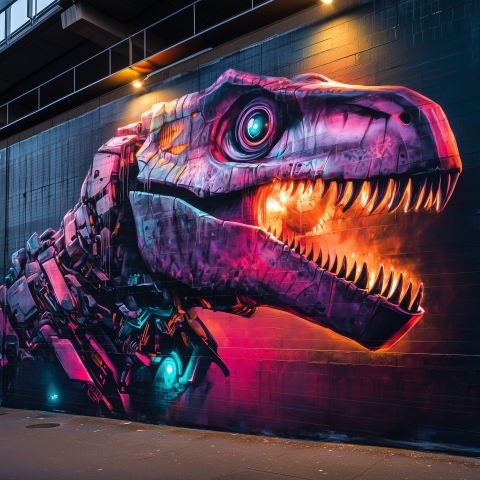 Cyberpunk Dinosaur Mural with Neon Glow
