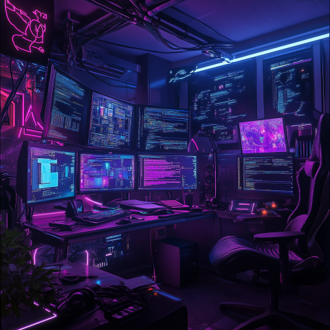 Cyberpunk Programmer’s Multi-Screen Setup at Night
