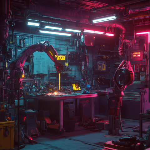 Cyberpunk Robotic Workshop with Neon Lights