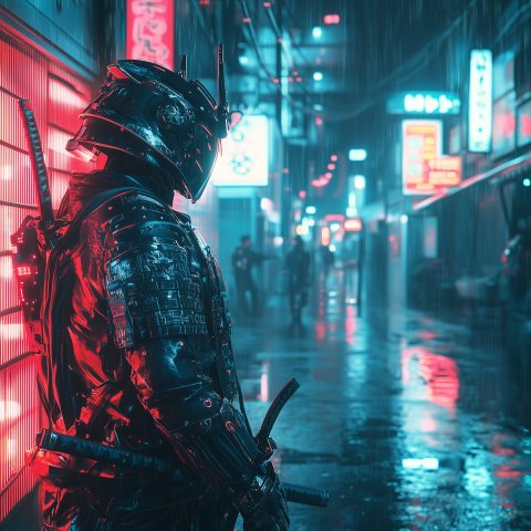 Cyberpunk Samurai in Neon Alley