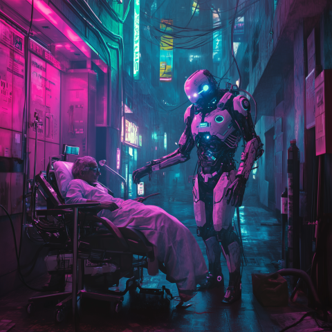 Cyborg Aiding Patient in Neon Alleyway