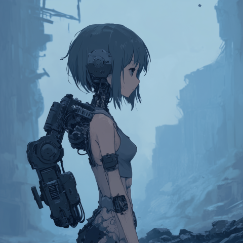 Cyborg Girl in a Post-Apocalyptic City