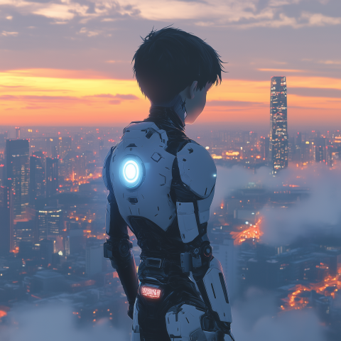 Cyborg Standing Over City at Sunset