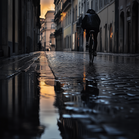 Cyclist in Rainy Alley at Dusk