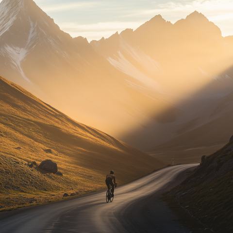 Cyclist Riding Through Mountain Pass at Dawn