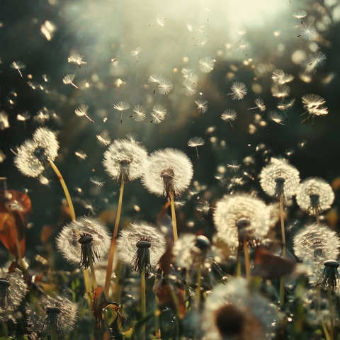 Dandelion Seeds Floating in Sunlight