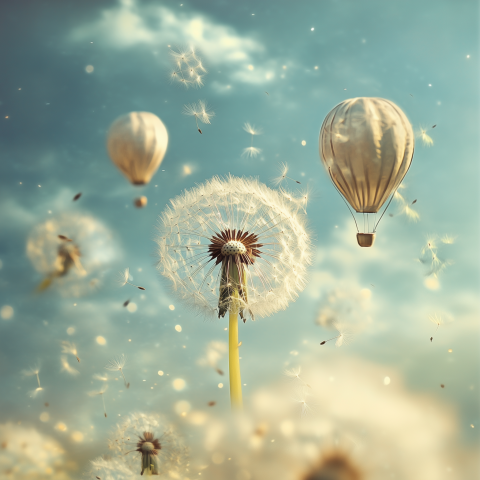Dandelions and Hot Air Balloons in Sky