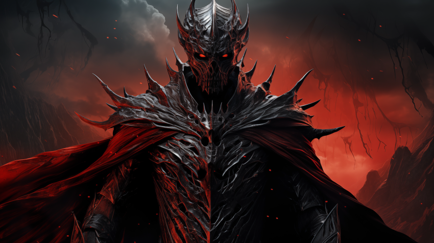 Dark Armored Demon Overlord in Fiery Landscape