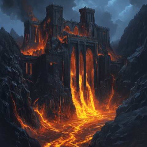 Dark Fortress with Flowing Lava