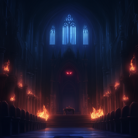 Dark Gothic Throne Room with Fiery Eyes