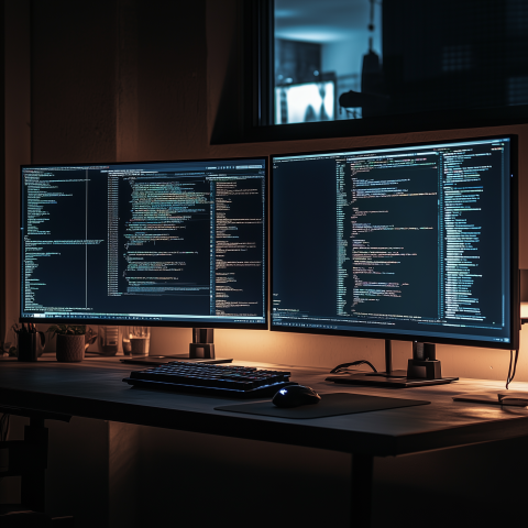 Dark Programmer Desk with Dual Screens
