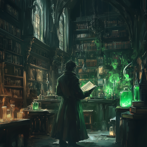 Dark Wizard Brewing Potions in Gothic Library