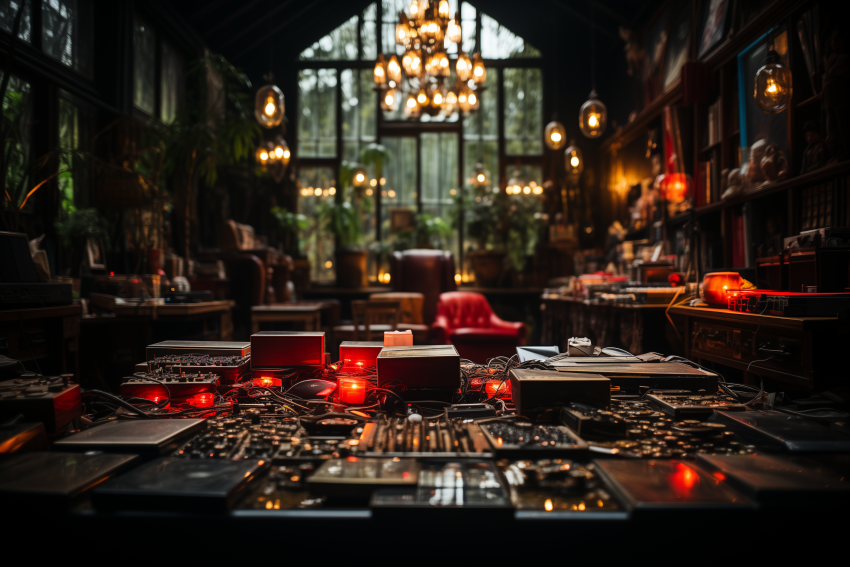 Dark Workshop Full of Electronics and Lights