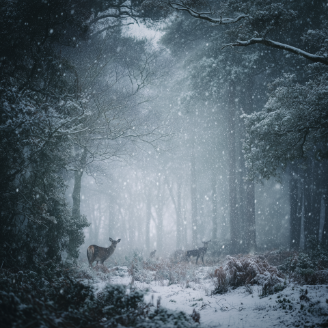 Deer Standing Quietly in Snow Covered Forest