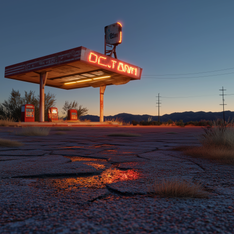 Desert Gas Station at Twilight with Neon
