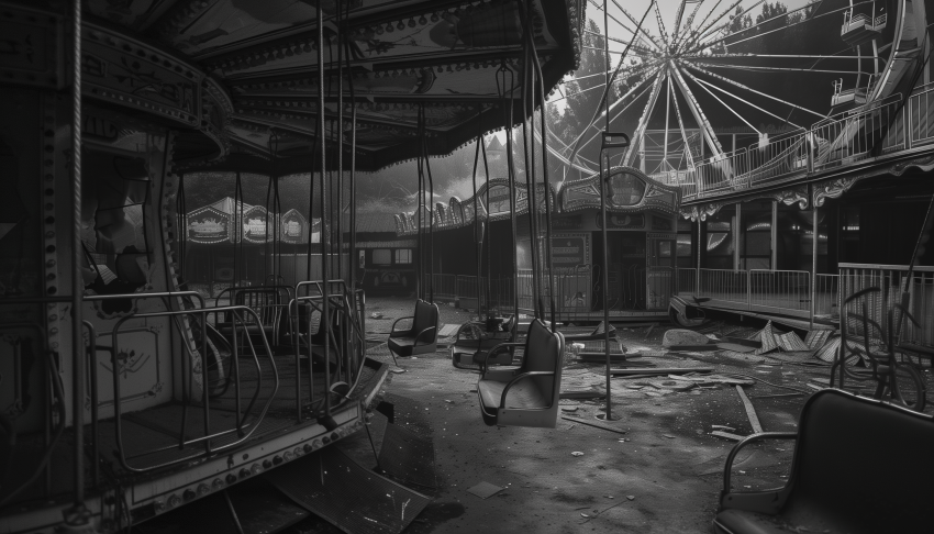 Desolate Abandoned Carousel in Dark Amusement Park
