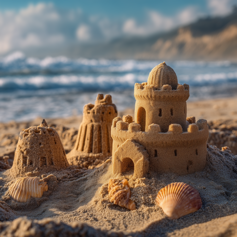 Three Little Sand Castles by the Ocean
