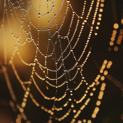Dew-Covered Spider Web in Golden Light