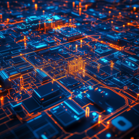 Digital Circuit Board Glowing with Data Flow