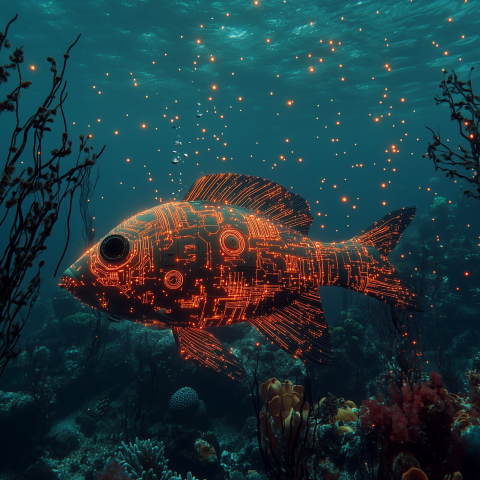 Digital Fish with Glowing Circuits Underwater