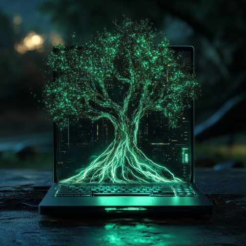 Digital Tree Emerging from Laptop Screen